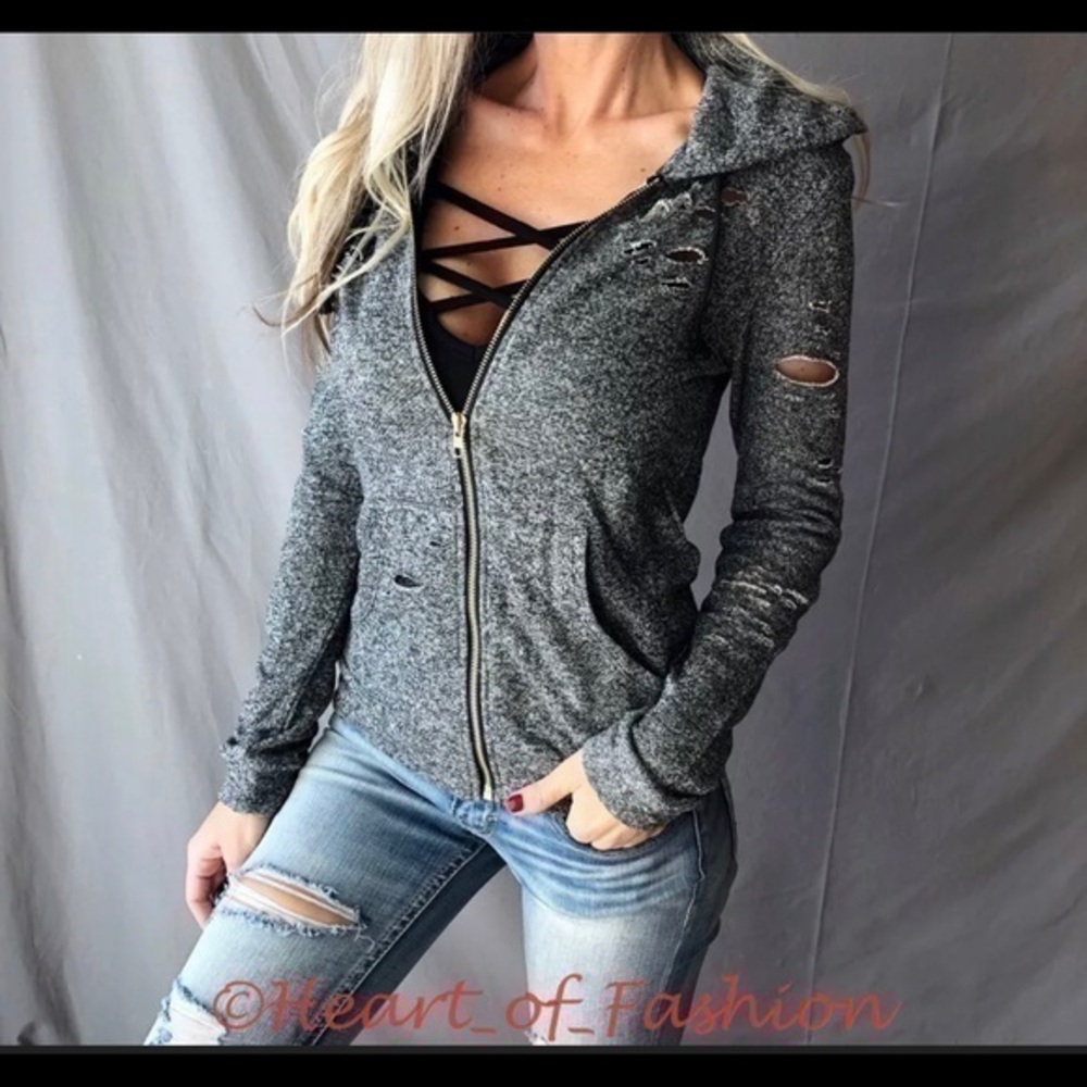 NEW Distressed Cutout Zip Up Hoodie Size Small
